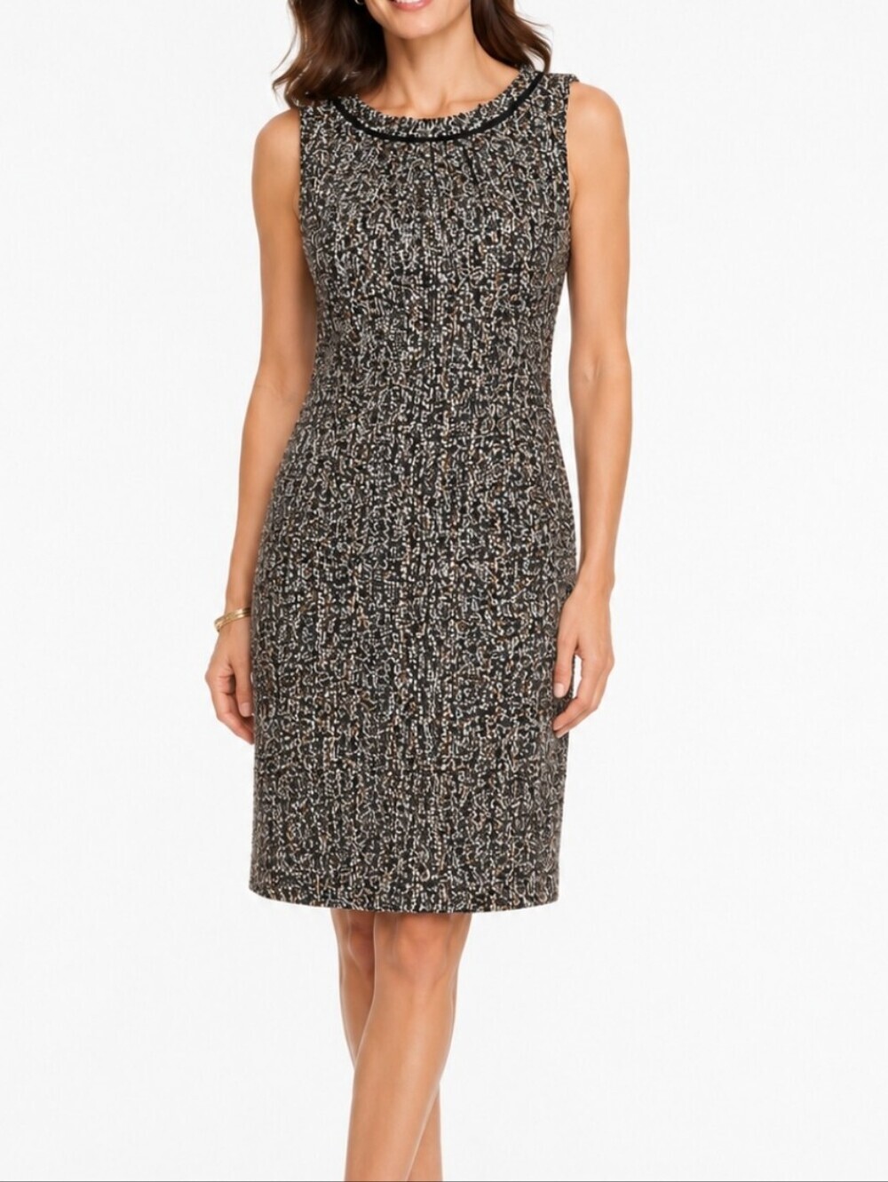 Talbots Wool Blend Black Brown Cream Tweed Sleeveless Fringe Collar Sheath Dress